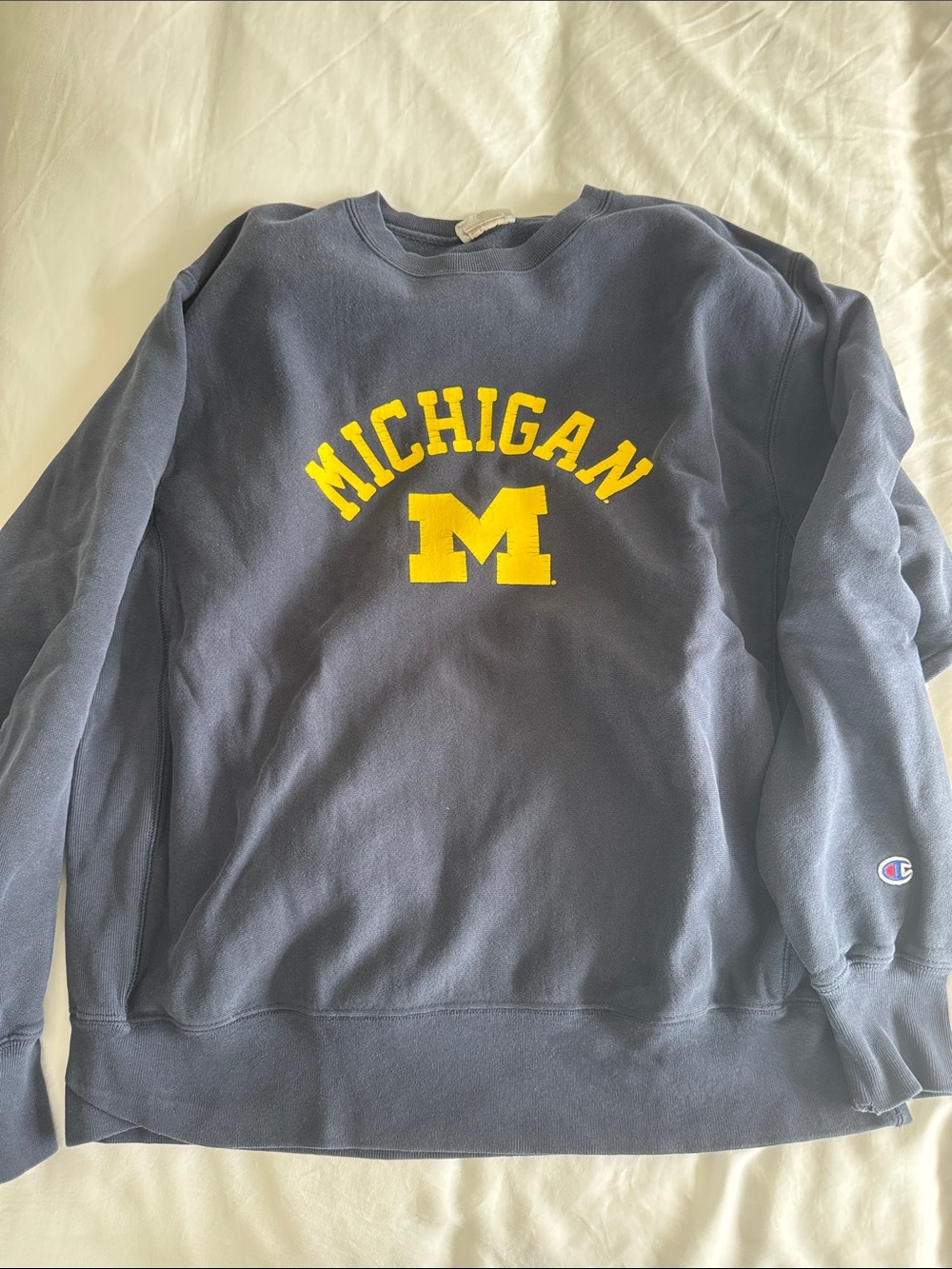 Champion Navy Crewneck Sweatshirt with Yellow Michigan Logo